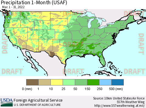 United States Precipitation 1-Month (USAF) Thematic Map For 3/1/2022 - 3/31/2022