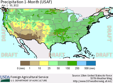 United States Precipitation 1-Month (USAF) Thematic Map For 4/1/2022 - 4/30/2022