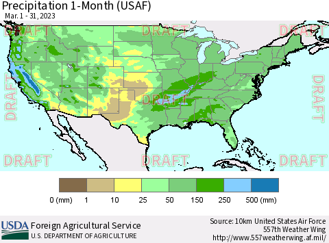 United States Precipitation 1-Month (USAF) Thematic Map For 3/1/2023 - 3/31/2023