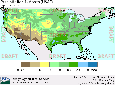 United States Precipitation 1-Month (USAF) Thematic Map For 4/1/2023 - 4/30/2023