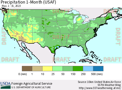 United States Precipitation 1-Month (USAF) Thematic Map For 5/1/2023 - 5/31/2023
