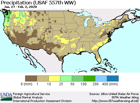 United States Precipitation (USAF 557th WW) Thematic Map For 1/27/2020 - 2/2/2020