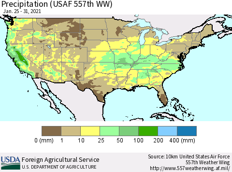 United States Precipitation (USAF 557th WW) Thematic Map For 1/25/2021 - 1/31/2021