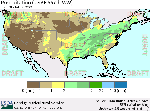 United States Precipitation (USAF 557th WW) Thematic Map For 1/31/2022 - 2/6/2022