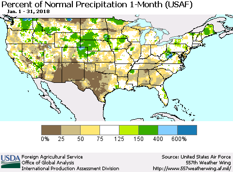 United States Percent of Normal Precipitation 1-Month (USAF) Thematic Map For 1/1/2018 - 1/31/2018