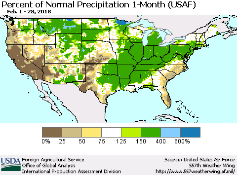United States Percent of Normal Precipitation 1-Month (USAF) Thematic Map For 2/1/2018 - 2/28/2018
