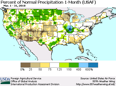 United States Percent of Normal Precipitation 1-Month (USAF) Thematic Map For 3/1/2018 - 3/31/2018