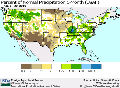 United States Percent of Normal Precipitation 1-Month (USAF) Thematic Map For 4/1/2018 - 4/30/2018