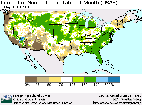 United States Percent of Normal Precipitation 1-Month (USAF) Thematic Map For 5/1/2018 - 5/31/2018