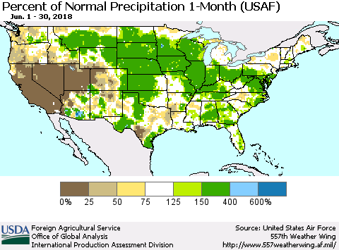 United States Percent of Normal Precipitation 1-Month (USAF) Thematic Map For 6/1/2018 - 6/30/2018