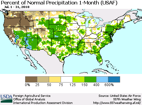 United States Percent of Normal Precipitation 1-Month (USAF) Thematic Map For 7/1/2018 - 7/31/2018
