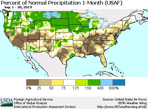 United States Percent of Normal Precipitation 1-Month (USAF) Thematic Map For 9/1/2019 - 9/30/2019