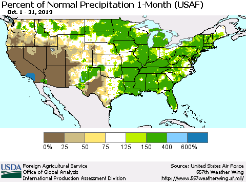 United States Percent of Normal Precipitation 1-Month (USAF) Thematic Map For 10/1/2019 - 10/31/2019