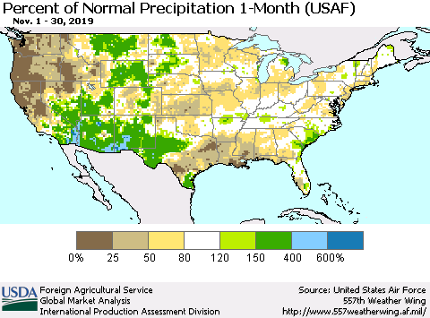 United States Percent of Normal Precipitation 1-Month (USAF) Thematic Map For 11/1/2019 - 11/30/2019