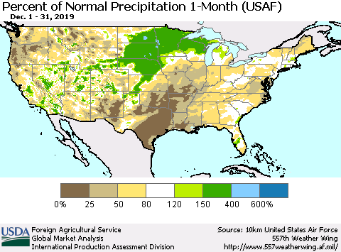 United States Percent of Normal Precipitation 1-Month (USAF) Thematic Map For 12/1/2019 - 12/31/2019