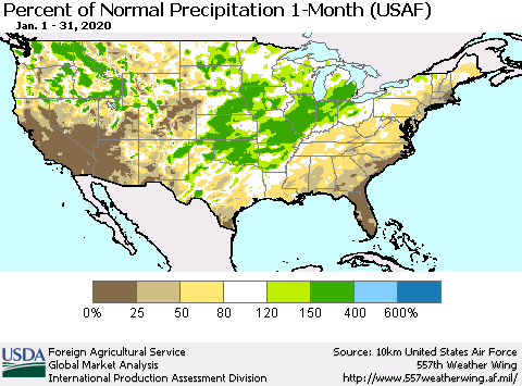 United States Percent of Normal Precipitation 1-Month (USAF) Thematic Map For 1/1/2020 - 1/31/2020