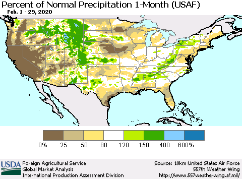 United States Percent of Normal Precipitation 1-Month (USAF) Thematic Map For 2/1/2020 - 2/29/2020