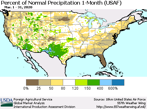 United States Percent of Normal Precipitation 1-Month (USAF) Thematic Map For 3/1/2020 - 3/31/2020