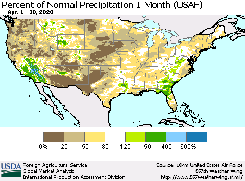 United States Percent of Normal Precipitation 1-Month (USAF) Thematic Map For 4/1/2020 - 4/30/2020