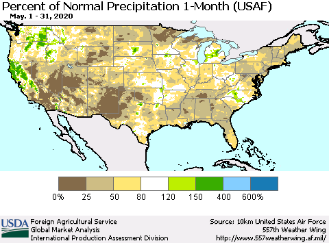 United States Percent of Normal Precipitation 1-Month (USAF) Thematic Map For 5/1/2020 - 5/31/2020