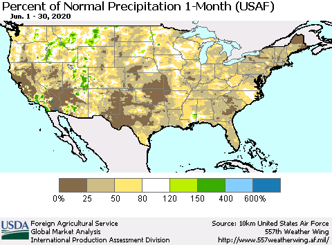 United States Percent of Normal Precipitation 1-Month (USAF) Thematic Map For 6/1/2020 - 6/30/2020