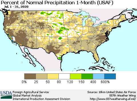 United States Percent of Normal Precipitation 1-Month (USAF) Thematic Map For 7/1/2020 - 7/31/2020