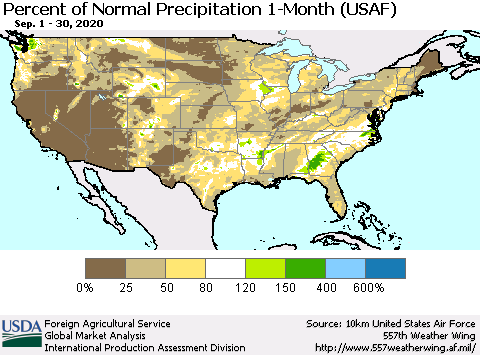 United States Percent of Normal Precipitation 1-Month (USAF) Thematic Map For 9/1/2020 - 9/30/2020