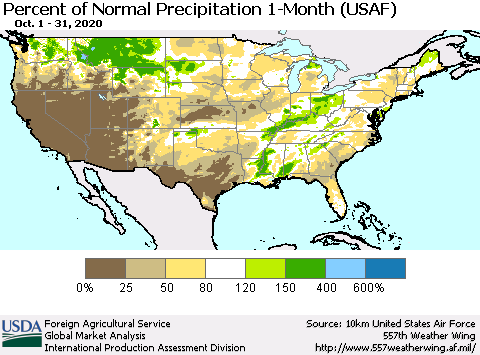 United States Percent of Normal Precipitation 1-Month (USAF) Thematic Map For 10/1/2020 - 10/31/2020