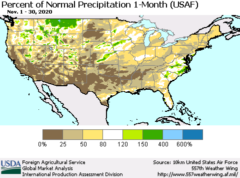 United States Percent of Normal Precipitation 1-Month (USAF) Thematic Map For 11/1/2020 - 11/30/2020