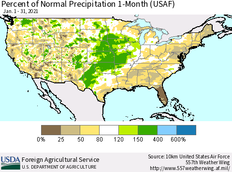 United States Percent of Normal Precipitation 1-Month (USAF) Thematic Map For 1/1/2021 - 1/31/2021