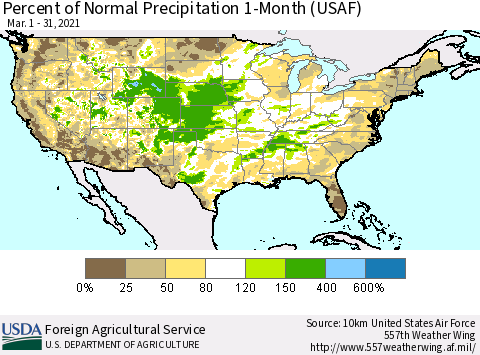 United States Percent of Normal Precipitation 1-Month (USAF) Thematic Map For 3/1/2021 - 3/31/2021
