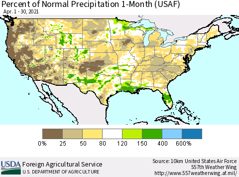 United States Percent of Normal Precipitation 1-Month (USAF) Thematic Map For 4/1/2021 - 4/30/2021
