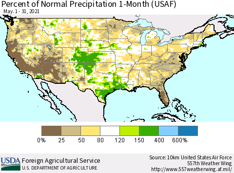 United States Percent of Normal Precipitation 1-Month (USAF) Thematic Map For 5/1/2021 - 5/31/2021
