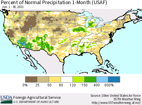 United States Percent of Normal Precipitation 1-Month (USAF) Thematic Map For 6/1/2021 - 6/30/2021