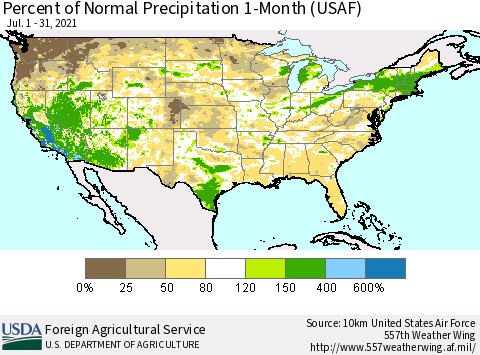 United States Percent of Normal Precipitation 1-Month (USAF) Thematic Map For 7/1/2021 - 7/31/2021