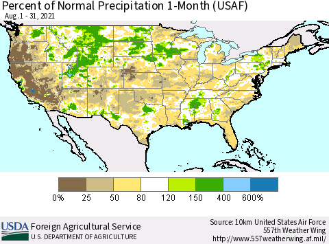 United States Percent of Normal Precipitation 1-Month (USAF) Thematic Map For 8/1/2021 - 8/31/2021