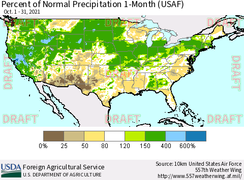 United States Percent of Normal Precipitation 1-Month (USAF) Thematic Map For 10/1/2021 - 10/31/2021