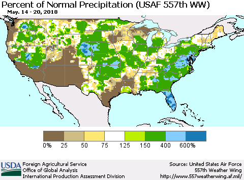 United States Percent of Normal Precipitation (USAF 557th WW) Thematic Map For 5/14/2018 - 5/20/2018