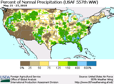 United States Percent of Normal Precipitation (USAF 557th WW) Thematic Map For 5/21/2018 - 5/27/2018