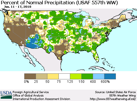 United States Percent of Normal Precipitation (USAF 557th WW) Thematic Map For 6/11/2018 - 6/17/2018