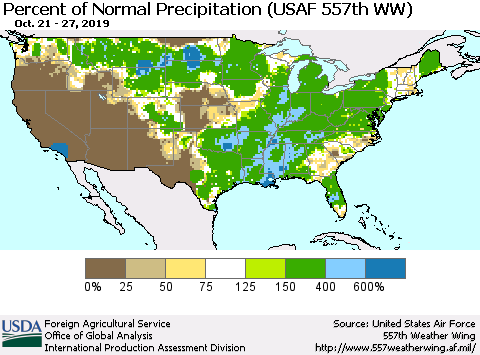 United States Percent of Normal Precipitation (USAF 557th WW) Thematic Map For 10/21/2019 - 10/27/2019