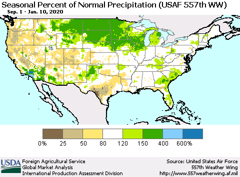 United States Seasonal Percent of Normal Precipitation (USAF 557th WW) Thematic Map For 9/1/2019 - 1/10/2020