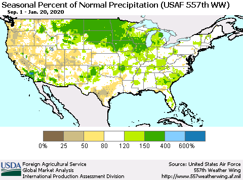 United States Seasonal Percent of Normal Precipitation (USAF 557th WW) Thematic Map For 9/1/2019 - 1/20/2020