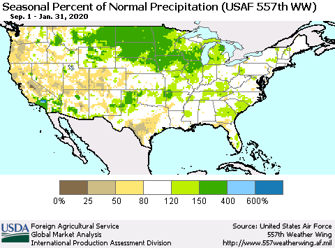 United States Seasonal Percent of Normal Precipitation (USAF 557th WW) Thematic Map For 9/1/2019 - 1/31/2020