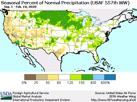 United States Seasonal Percent of Normal Precipitation (USAF 557th WW) Thematic Map For 9/1/2019 - 2/10/2020