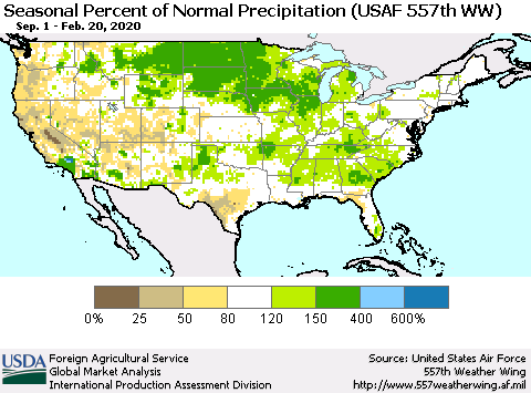 United States Seasonal Percent of Normal Precipitation (USAF 557th WW) Thematic Map For 9/1/2019 - 2/20/2020