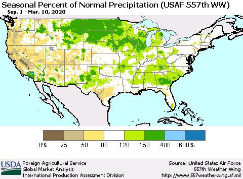 United States Seasonal Percent of Normal Precipitation (USAF 557th WW) Thematic Map For 9/1/2019 - 3/10/2020
