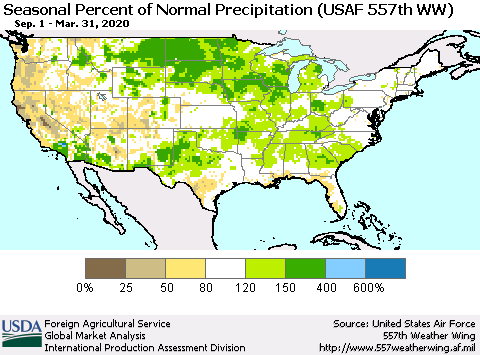 United States Seasonal Percent of Normal Precipitation (USAF 557th WW) Thematic Map For 9/1/2019 - 3/31/2020