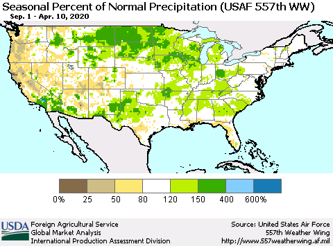 United States Seasonal Percent of Normal Precipitation (USAF 557th WW) Thematic Map For 9/1/2019 - 4/10/2020