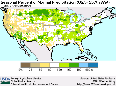 United States Seasonal Percent of Normal Precipitation (USAF 557th WW) Thematic Map For 9/1/2019 - 4/20/2020
